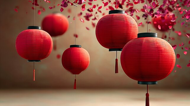 A bunch of red lanterns hanging from the ceiling. The lanterns are red and have a black trim. The lanterns are hanging from the ceiling and are arranged in a way that they look like they are floating
