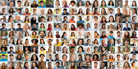 Fototapeta premium This vibrant collage showcases a diverse group of people from various backgrounds. Each face expresses joy, highlighting multiethnic diversity in lifestyle and unity among individuals.