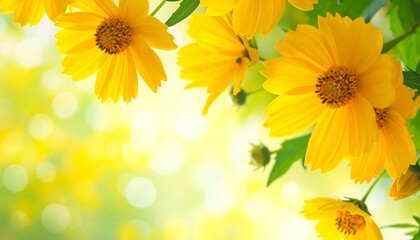 Obraz premium Vibrant yellow flowers cascade gracefully in a soft-focus background of springtime sunshine, showcasing delicate petals and lush green foliage.