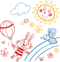 A fun little girl happily plays with a ball as a cute cartoon rabbit decoration with a flower and butterfly pattern sits on a gift box