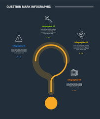 Question mark infographic process diagram with big center with shadow transparent with dark background bright outline style 4 points