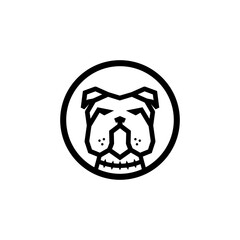 Geometric black and white line art logo featuring a stylized bulldog head within a circular frame, minimalist design.