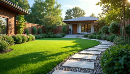 Fototapeta premium Rich green backyard features a manicured lawn with a winding stone path. Curved walkway leads through vibrant garden beds to a modern house. Beautiful landscaping offers a serene outdoor space.