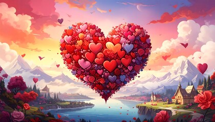 A vibrant heart-shaped cluster of small hearts floats above a picturesque landscape, painted with warm colors and whimsical details.
