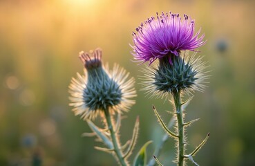 Close-up of purple thistle flower and bud with soft golden light background. Spiky green plant in field at sunset. Delicate petals contrast with sharp thorns.