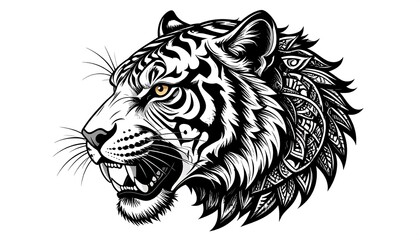 A striking, detailed graphic illustration of a tiger's head, showcasing intricate patterns and a fierce expression.