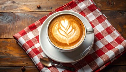 A delightful latte art design graces a white ceramic cup on a red and white checkered tablecloth, placed atop a rustic wooden table.