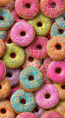 Colorful arrangement of donuts topped with pink icing and rainbow sprinkles, creating a fun and sweet seamless food background.
