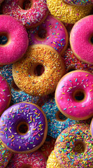 Colorful arrangement of donuts topped with pink icing and rainbow sprinkles, creating a fun and sweet seamless food background.
