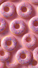 Colorful arrangement of donuts topped with pink icing and rainbow sprinkles, creating a fun and sweet seamless food background.
