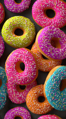 Colorful arrangement of donuts topped with pink icing and rainbow sprinkles, creating a fun and sweet seamless food background.
