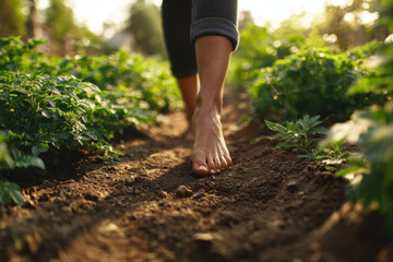 Close-up of a person’s bare feet walking along soil rows in a potato field surrounded by plants and freshly harvested potatoes.
