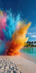 Vibrant clouds of colorful smoke rising along a tropical beach with turquoise water and palm trees under a bright blue sky.

