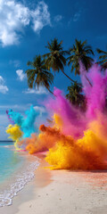 Vibrant clouds of colorful smoke rising along a tropical beach with turquoise water and palm trees under a bright blue sky.
