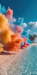 Vibrant clouds of colorful smoke rising along a tropical beach with turquoise water and palm trees under a bright blue sky.
