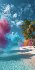 Vibrant clouds of colorful smoke rising along a tropical beach with turquoise water and palm trees under a bright blue sky.
