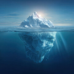 Stunning view of an iceberg with its massive submerged portion visible underwater, captured during a calm sunrise over the ocean.
