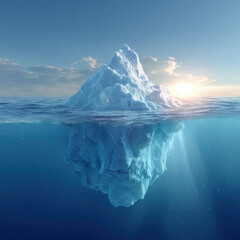 Stunning view of an iceberg with its massive submerged portion visible underwater, captured during a calm sunrise over the ocean.
