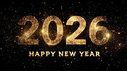 Spectacular New Year illustration with luminous golden 2026 numbers and the phrase “Happy New Year” shining in a star-filled sky, radiating joy and wonder.