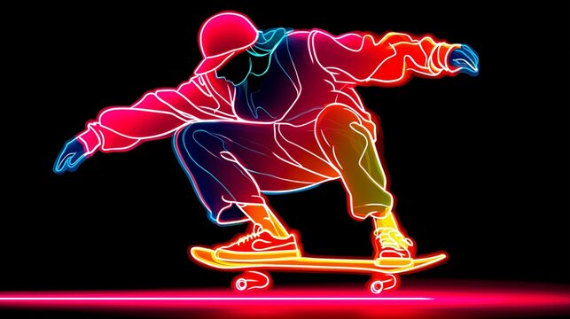 Neon illustration of skateboarder performing trick