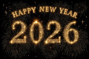 Spectacular New Year illustration with luminous golden 2026 numbers and the phrase “Happy New Year” shining in a star-filled sky, radiating joy and wonder.