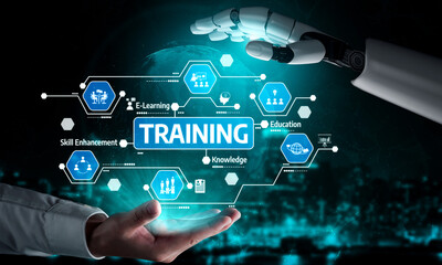 A conceptual image depicting a robotic hand reaching out to a human hand, symbolizing collaboration in training and education through technology and innovation. Tessel