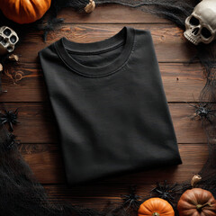 Minimal black t-shirt neatly folded on wooden surface, surrounded by small pumpkins, cobwebs, and skulls for Halloween-themed styling.
