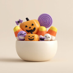 Adorable collection of Halloween-themed candies with smiling faces in a bowl, featuring pumpkins, cats, and sweets on soft background.
