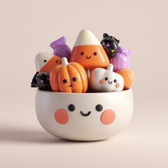 Adorable collection of Halloween-themed candies with smiling faces in a bowl, featuring pumpkins, cats, and sweets on soft background.
