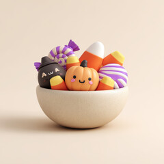 Adorable collection of Halloween-themed candies with smiling faces in a bowl, featuring pumpkins, cats, and sweets on soft background.
