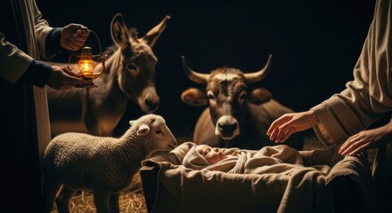 Nativity scene with baby Jesus in a manger, surrounded by Mary, Joseph, animals, and lantern light. Christmas holiday setting.