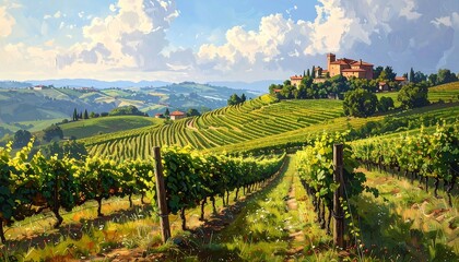 A picturesque landscape showcasing rolling hills, vineyards, and a charming estate nestled amongst the lush greenery.