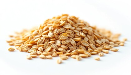 Obraz premium Golden oat grains pile on white background. Oats are nutritious food. Oat grain is rich in fiber and vitamins. Healthy eating and sustainable agriculture concept.