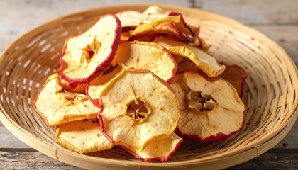 A  delicious pile of dried  slices, nestled in a shallow woven basket, display a natural, healthy snack.