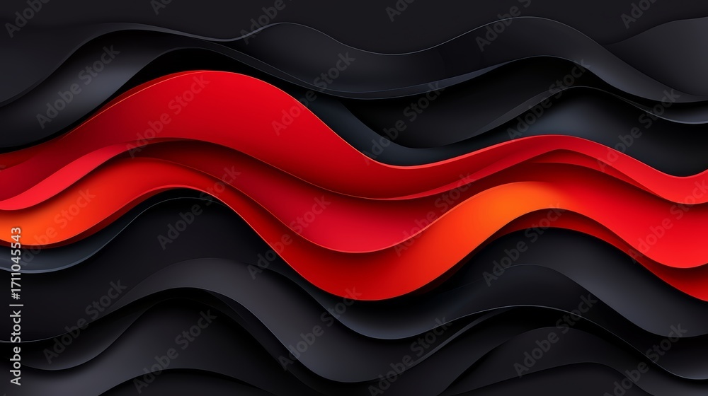 Wall mural black and red wave with a red stripe. the wave is made of paper and has a very abstract look to it