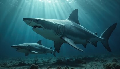 Fototapeta premium Giant extinct Megalodon swims near modern Great White in deep blue ocean water. Two powerful predators glide through sunlit depths, highlighting size difference.
