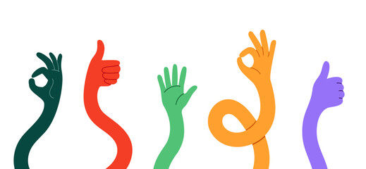 Cartoon hand up finger vector flat ok sign. Hand gesture modern different palm hand human isolated