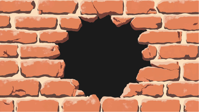 Brick wall with large black hole And jagged edges. Hole in a brick wall. Vector Illustration.