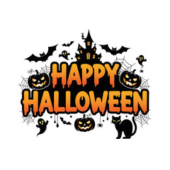 Happy Halloween Illustration with Haunted Castle, Pumpkins, and Bats Vector