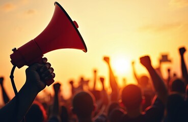 Hand holds red megaphone against bright sunset. Crowd raises fists in air. People participate in public rally or protest, expressing their voice and demands.