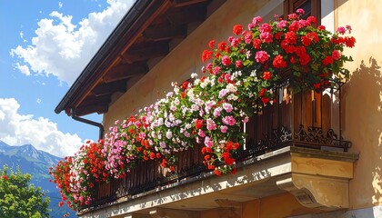 A sunny balcony overflowing with vibrant red, pink, and white geraniums, showcasing a picturesque alpine village setting.