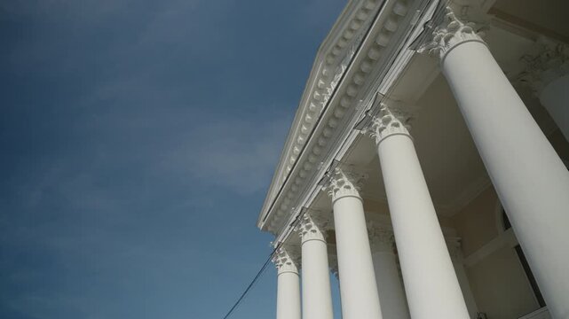 A building with columns, cultural heritage in the center of Tver. Up view