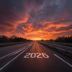 Wide-angle sunrise photo of “2026” painted in bold white on an endless highway, vibrant clouds and golden light reflecting on the asphalt, symbolizing a new journey.