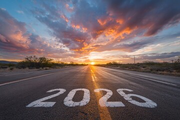 Wide-angle sunrise photo of “2026” painted in bold white on an endless highway, vibrant clouds and golden light reflecting on the asphalt, symbolizing a new journey.