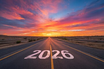 Wide-angle sunrise photo of “2026” painted in bold white on an endless highway, vibrant clouds and golden light reflecting on the asphalt, symbolizing a new journey.