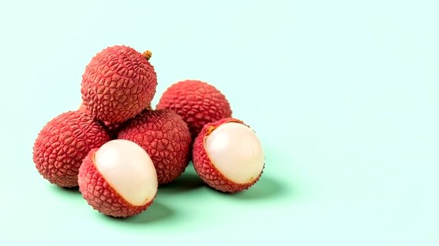 Fresh lychees arranged on a mint green surface, showcasing the vibrant red skin and glistening white flesh.