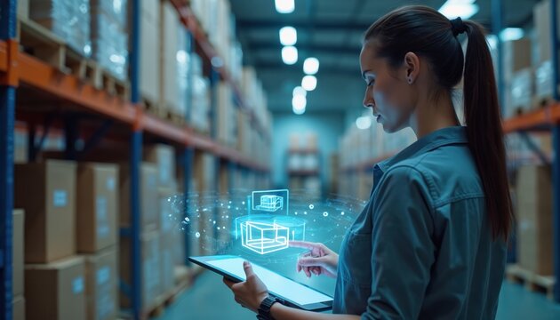 Young woman manager uses digital tablet to control warehouse inventory. Interacts with holographic projection, optimizing smart logistic operations. Worker monitors stock, plans distribution with new - Powered by Adobe