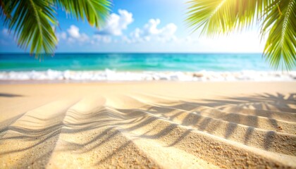 Close-up view of textured beach sand with palm tree shadows, leading to a vibrant turquoise ocean backdrop.