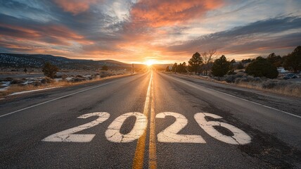 Wide-angle sunrise photo of “2026” painted in bold white on an endless highway, vibrant clouds and golden light reflecting on the asphalt, symbolizing a new journey.