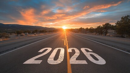 Wide-angle sunrise photo of “2026” painted in bold white on an endless highway, vibrant clouds and golden light reflecting on the asphalt, symbolizing a new journey.
